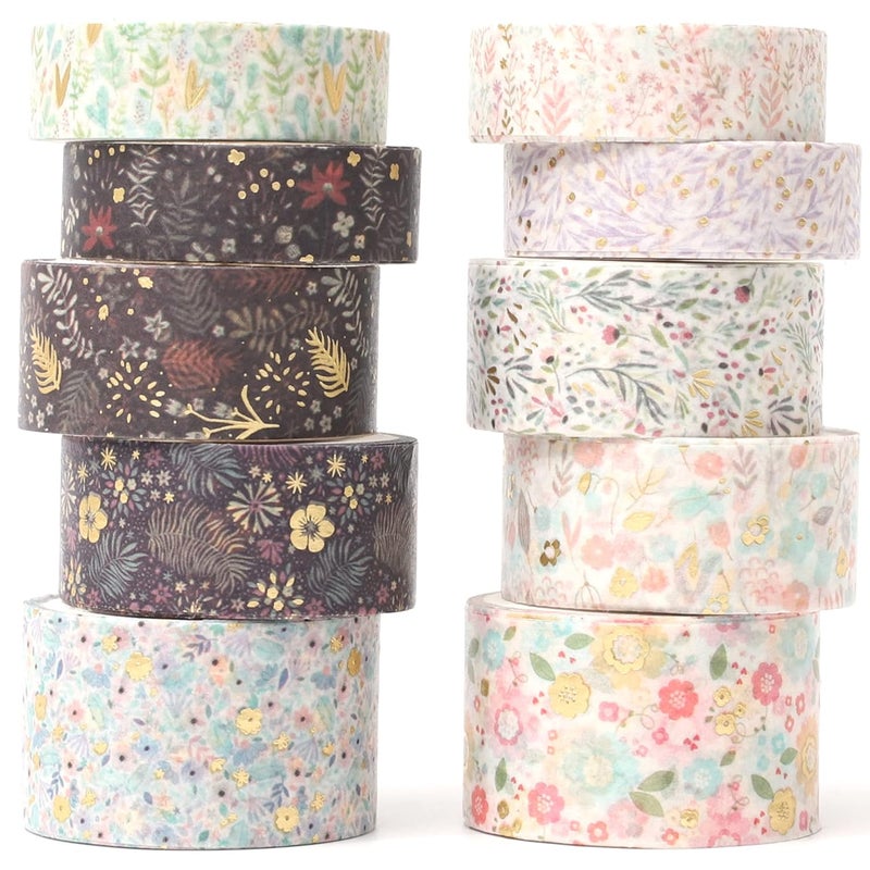 YUBX Creative Washi Tape Set 10 Rolls Gold Foil Print Decorative Masking Tapes for Arts, DIY Crafts, Journals, Planners, Scrapbook, Wrapping (Garden Maze) - Image 1